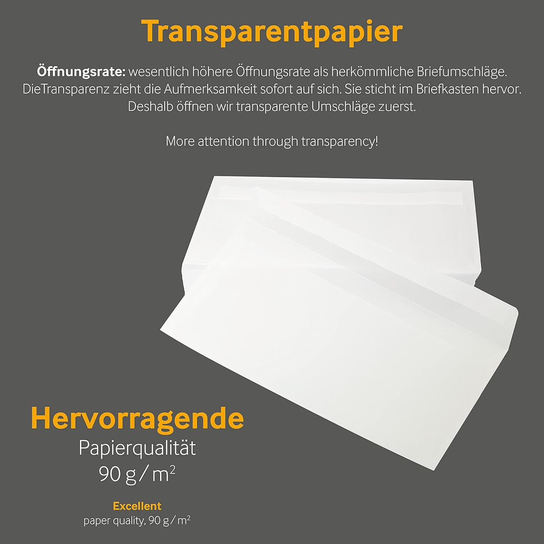 Blanke Briefhüllen, Transparente Briefumschläge, 500 Stück, Haftklebung, Ohne Fenster, Gerade Klappe