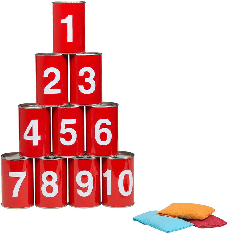 Idena 40189 - Spiel-Set Dosenwerfen mit 10 nummerierten Metall-Dosen und 3 Sand-Säckchen, Wurf- und