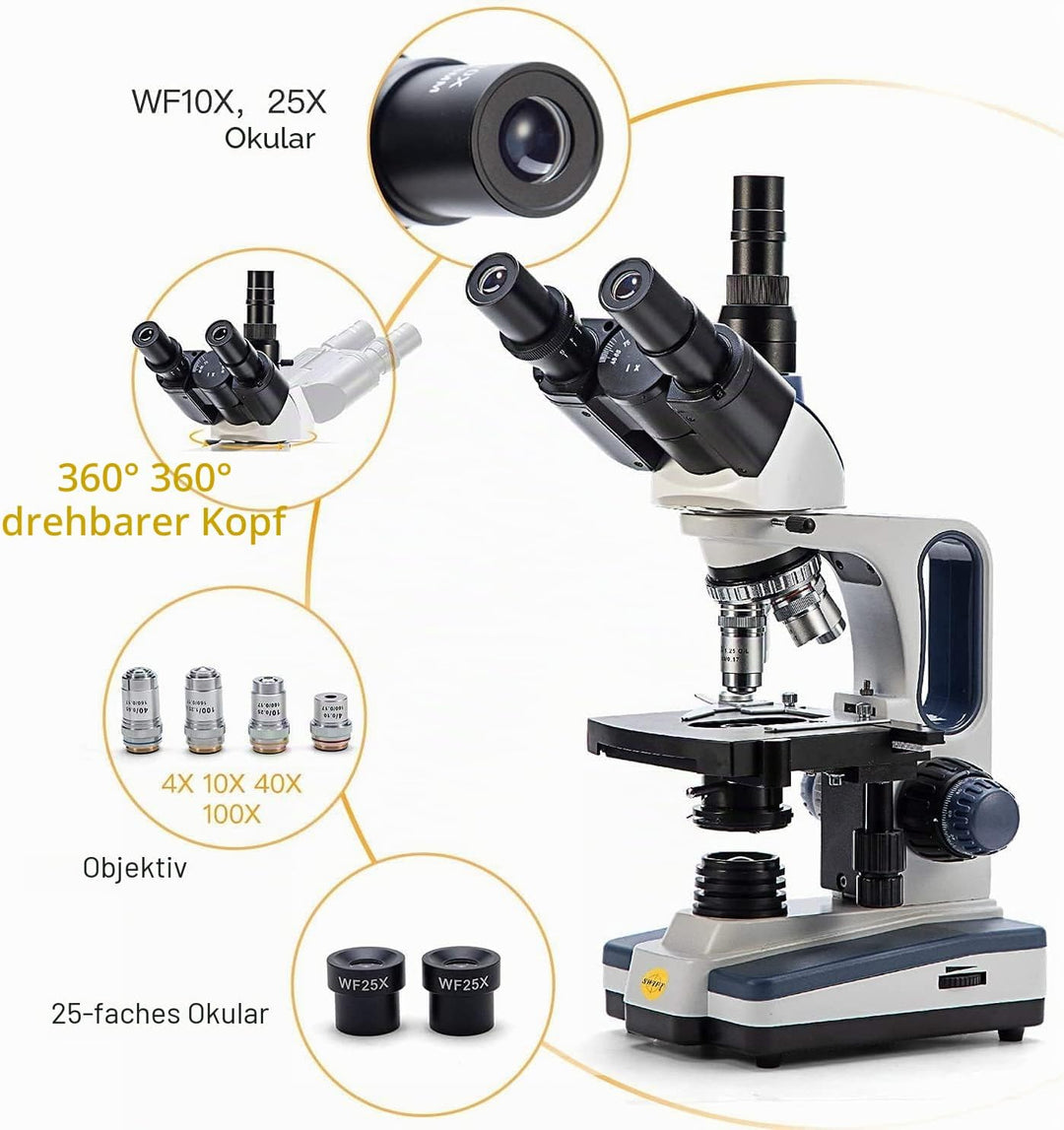 Swift SW350T Composite Trinocular Microscope, 40-2500X Magnification, Dual Layer Mechanical Stage, w
