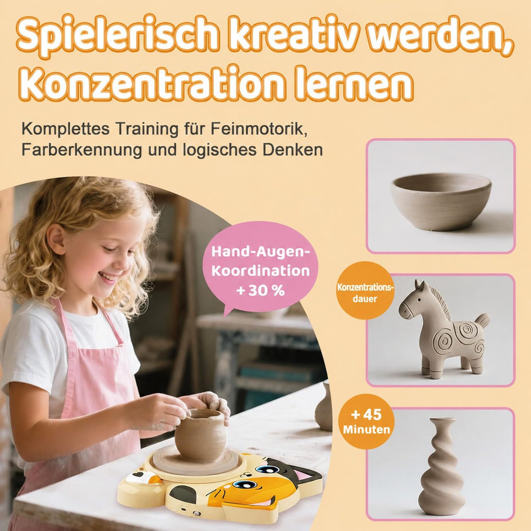 Töpferscheibe für Kinder – Komplettes Töpferstudio Set für Anfänger, Bastelset ab 8-12 Jahren mit 3x