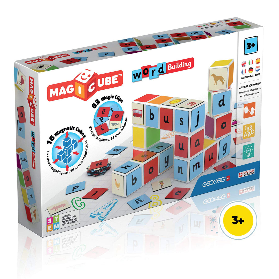 Geomag Magicube Word Building - 16 Magnetwürfel für Konstruktionen + 63 clip - Baukasten Lernspielze