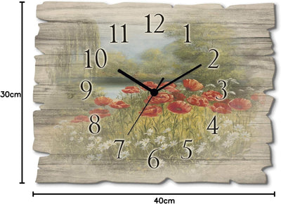 ARTLAND Wanduhr ohne Tickgeräusche aus Holz Funkuhr 40x30 cm Rechteckig Lautlos Blumen Wiese Natur M