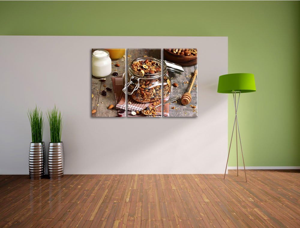 Honig Müsli im Glas als 3-Teiler Leinwandbild 120x80 Bild auf Leinwand, XXL riesige Bilder fertig ge