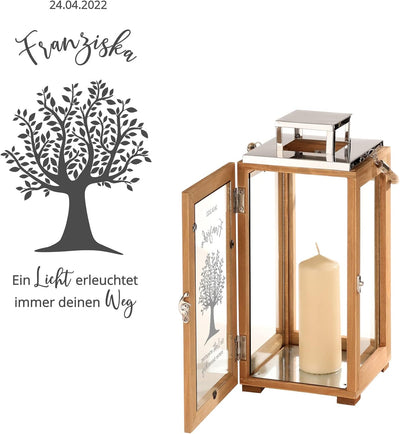 Casa Vivente Laterne aus Holz und Edelstahl mit personalisierter Gravur, Windlicht für Kerzen, Wette