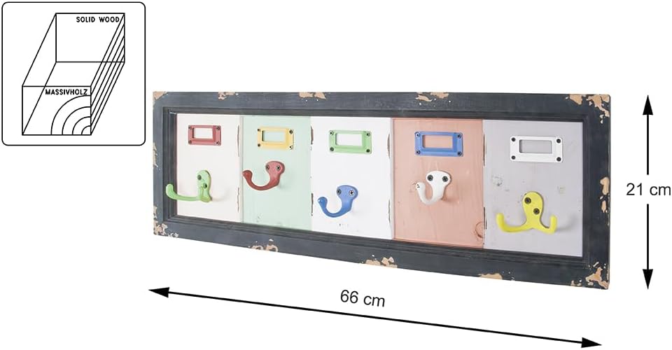 HAKU Möbel Wandgarderobe, Massivholz, vintage-bunt, B 66 x T 5 x H 21 cm