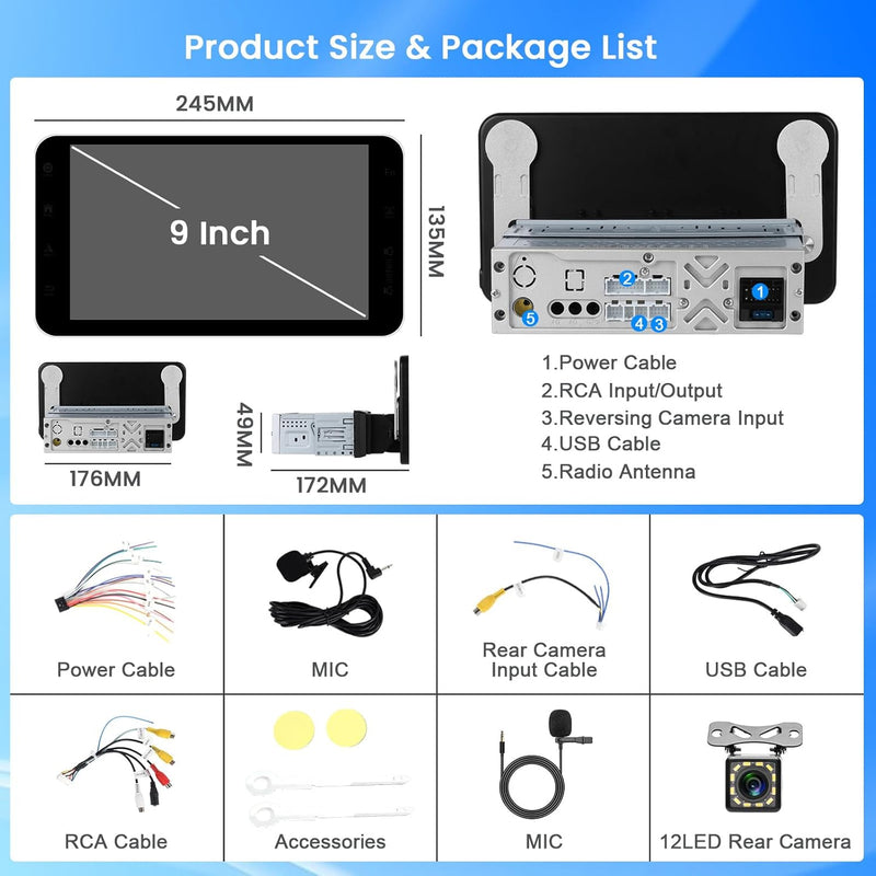 Hikity 1 Din Autoradio mit 9 Zoll Bildschirm, Touchscreen Car Radio mit Wireless CarPlay Android Aut