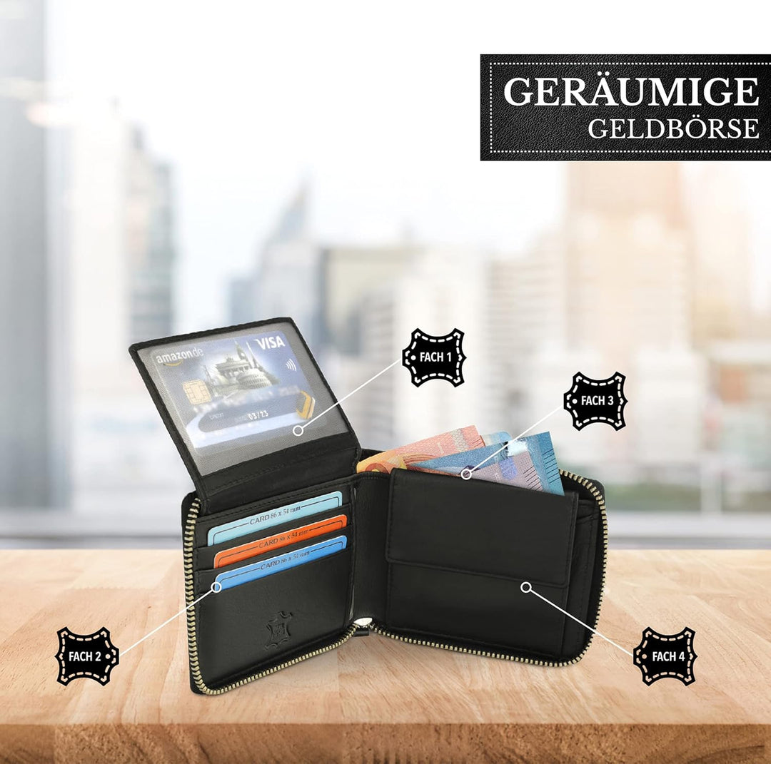 Fa.Volmer ® Herren Leder Geldbörse mit umlaufenden Reissverschluss - echtes Rindsleder - RFID-Schutz