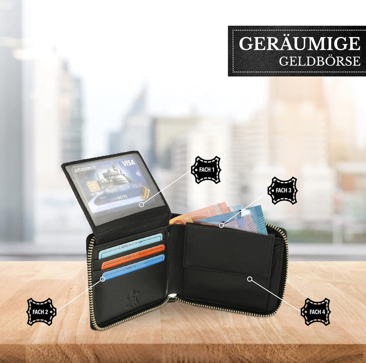 Fa.Volmer ® Herren Leder Geldbörse mit umlaufenden Reissverschluss - echtes Rindsleder - RFID-Schutz