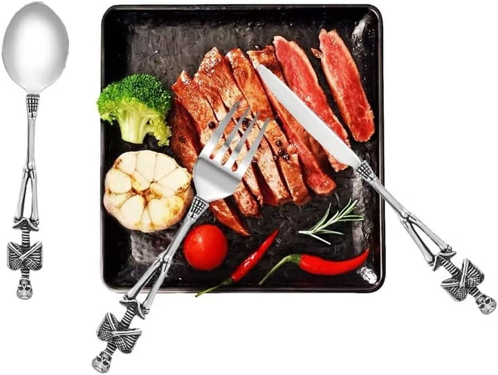 Skelett-Besteck-Set, Persönlichkeitsschädel aus Edelstahl, einzigartiges Design, Löffel, Gabel für H