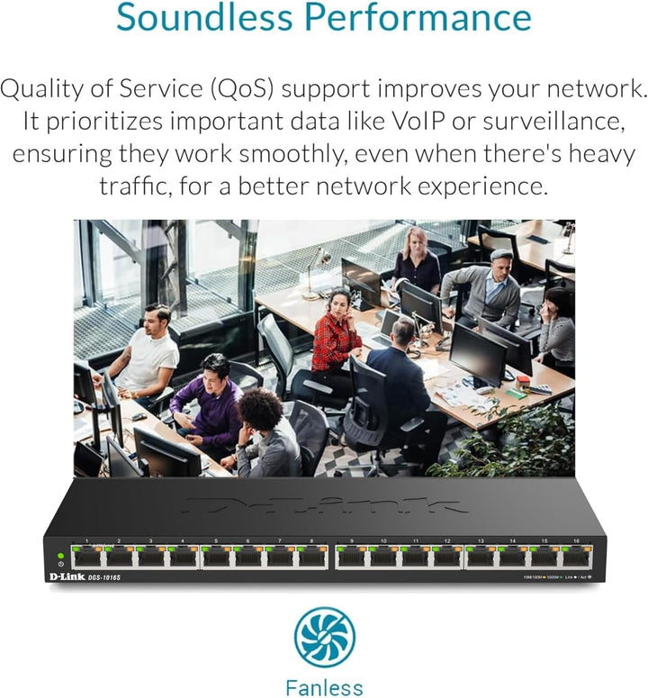 D-Link DGS-1016S 16-Port Unmanaged Gigabit Switch (ohne Lüfter, Low Profile Metallgehäuse, Desktop /