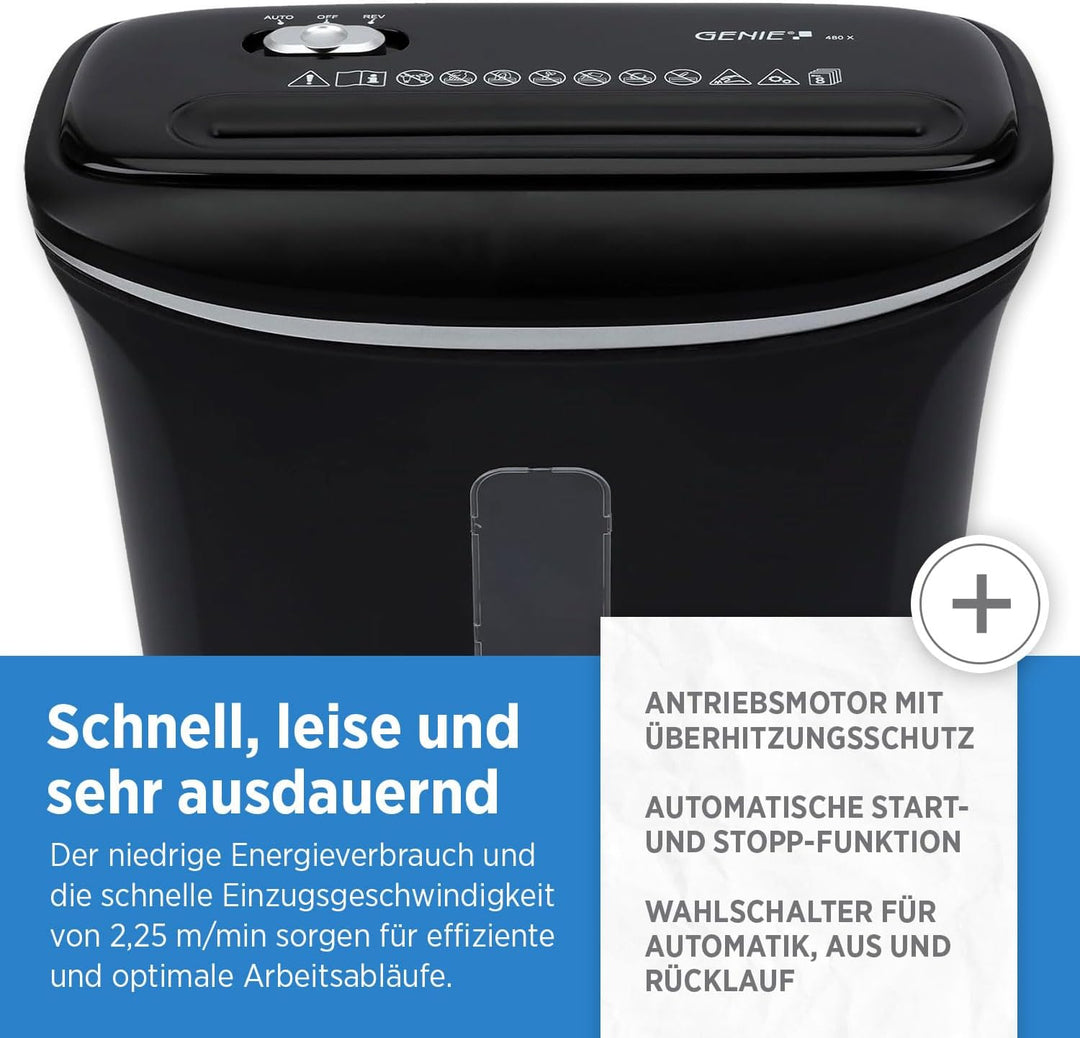 Genie 480X Aktenvernichter Shredder | Papierschredder 8 Blatt Partikelschnitt | Sicherheitsstufe P-4