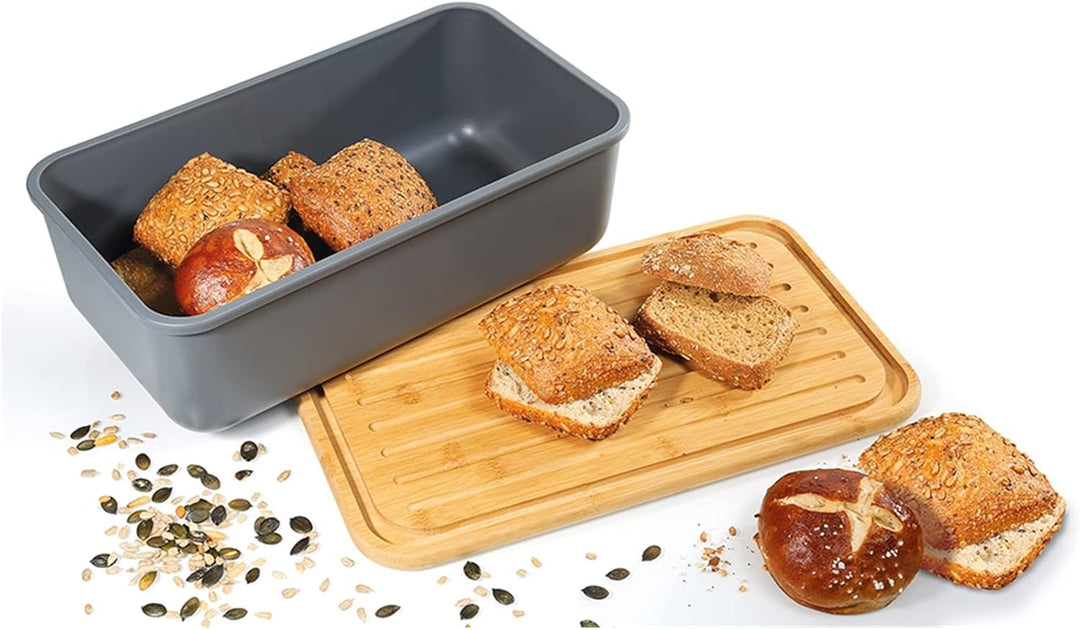 Zassenhaus Brotkasten, Deckel als Schneidbrett verwendbar, Brotkorb Bambus cool grey, 40 x 23 x 13,5