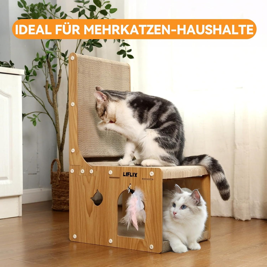 LIFLIX L-förmiges Doppelschicht Kratzbrett für Katzen, 67cm Kratzpappe mit Katzenhaus zum Kratzen Ve