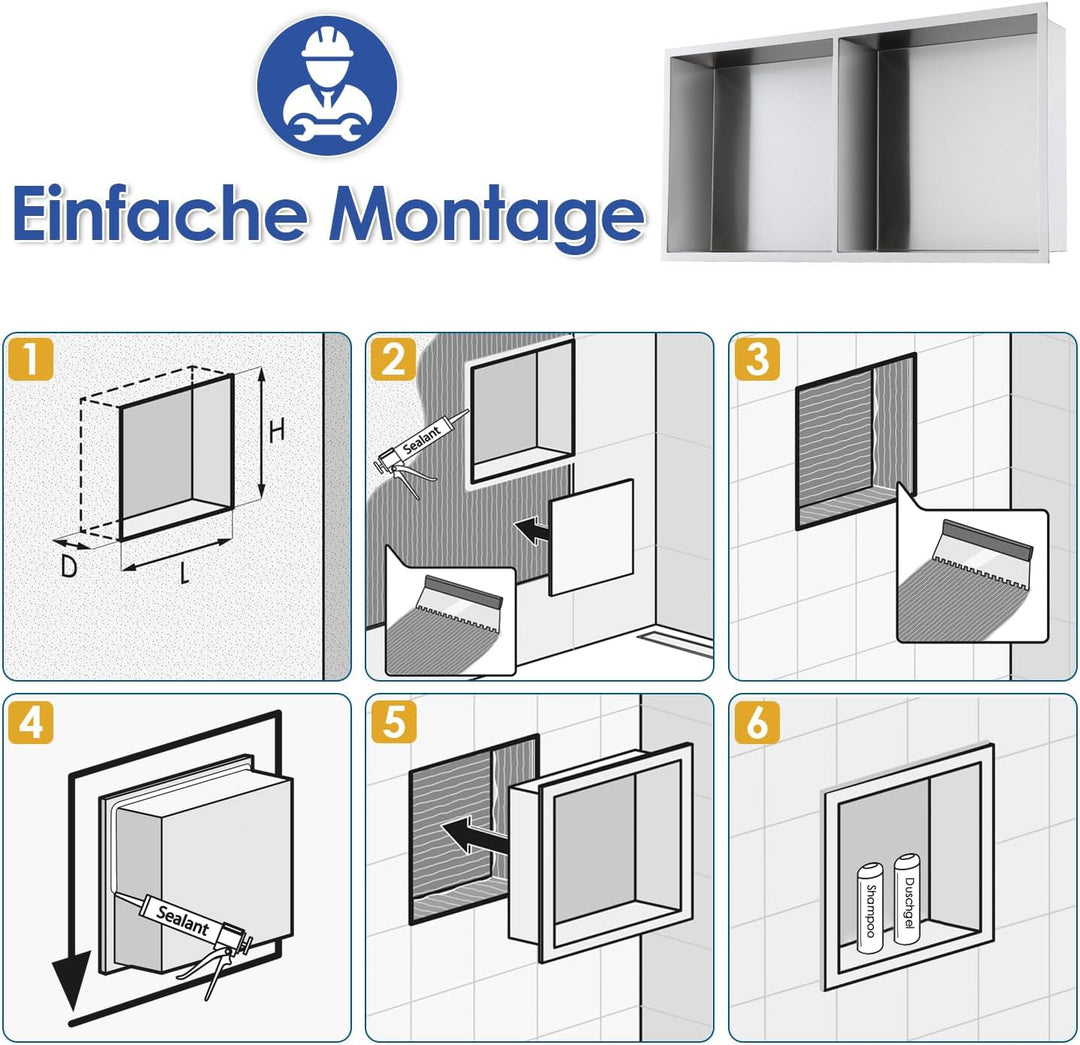 ROVOGO 60 x 30 x 10 cm Eingebettete Doppel-Duschnische Lagerung für Bad, Wandnische Dusche Edelstahl
