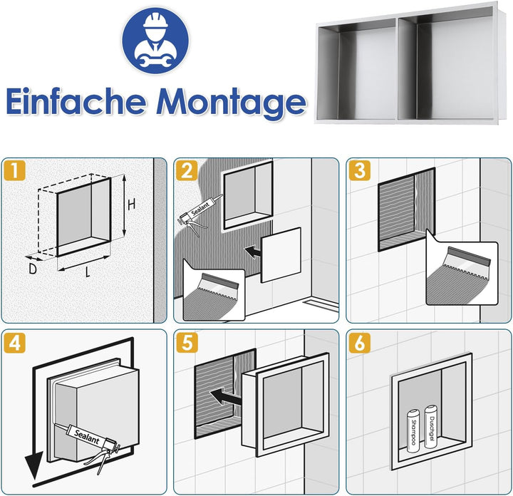 ROVOGO 60 x 30 x 10 cm Eingebettete Doppel-Duschnische Lagerung für Bad, Wandnische Dusche Edelstahl