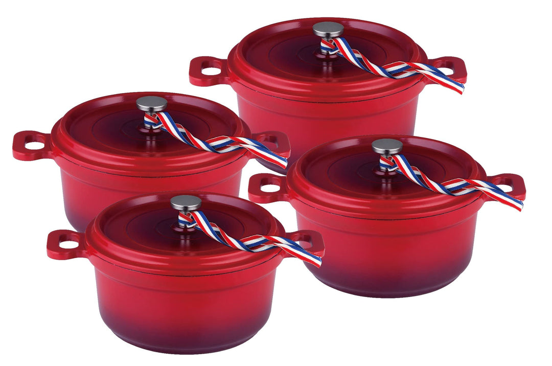 Kamberg – 0008192 – Set aus 4 Minischmortöpfen mit 12 cm Durchmesser, rund, rot geflammt – Aluminium