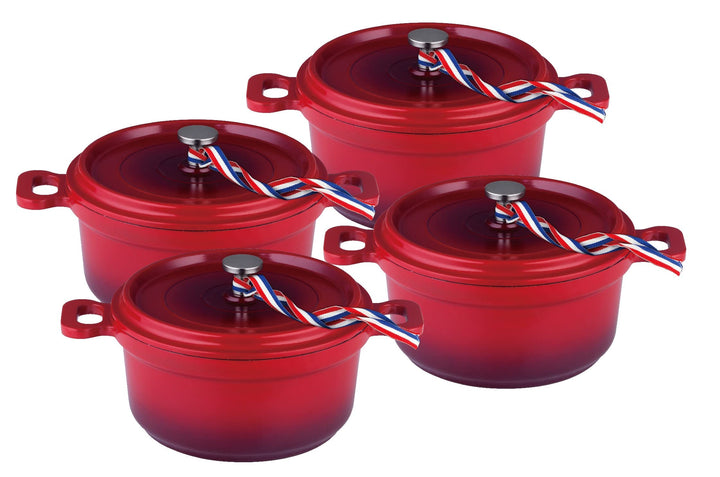 Kamberg – 0008192 – Set aus 4 Minischmortöpfen mit 12 cm Durchmesser, rund, rot geflammt – Aluminium