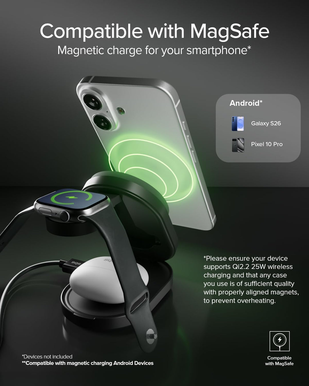 SBS Qi2 25W Power Dock 3in1 MFI MagSafe, Wireless-Ladegerät für iPhone, AirPods, Apple Watch, Schnel