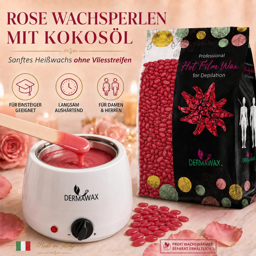 Dermawax 500g Rose Wachsperlen mit Kokosöl – Professionelles Heisswachs zur Haarentfernung – Sanftes