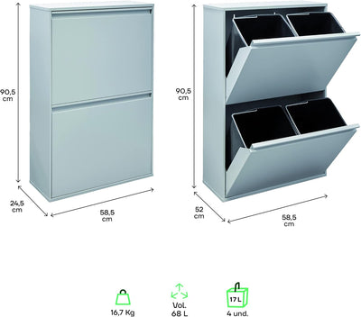 ARREGUI Basic CR602-B Mülltrennsystem aus Stahl | 4 Fächer Mülleimer für die Küche | 4 Fach Abfallei