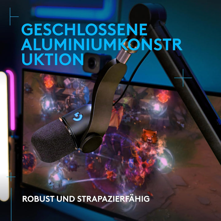 Logitech G Yeticaster GX Dynamic Supercardioid Gaming-Mikrofon mit Schwenkarm, RGB-Beleuchtung und L