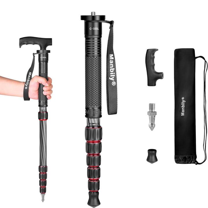 Manbily Kamera-Einbeinstativ aus Kohlefaser 168cm Einbeinstativ mit Gehstockgriff für Kameras Stände
