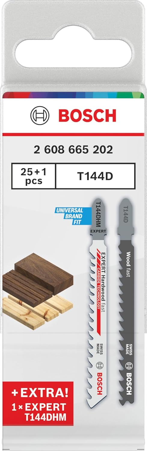 Bosch 26x T144D + EXPERT Hardwood fast T144DHM Stichsägeblatt-Set, 25 + 1 Stück (für Hartholz, Weich