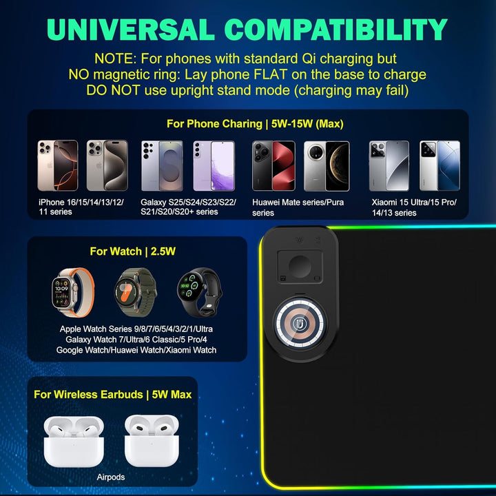 RGB Gaming Mauspad 15W Qi Mousepad LED 800x350x4mm 10 Beleuchtungsmodi mit 10W Schnellladung Qi Kabe