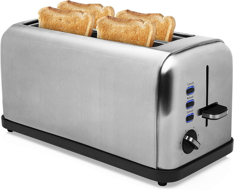 Princess Langschlitz-Edelstahltoaster - 6 einstellbare Bräunungsstufen mit Brötchenaufsatz, herausne