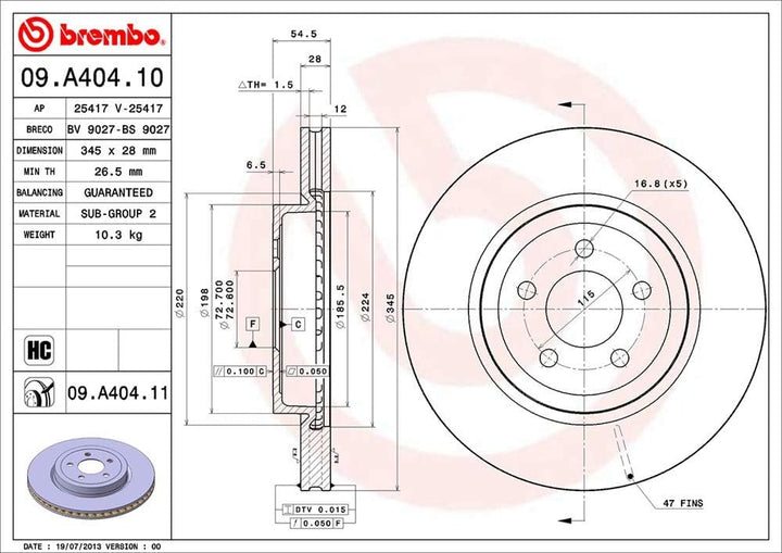 Brembo 09.a404.11 Bremsscheibe Rotoren