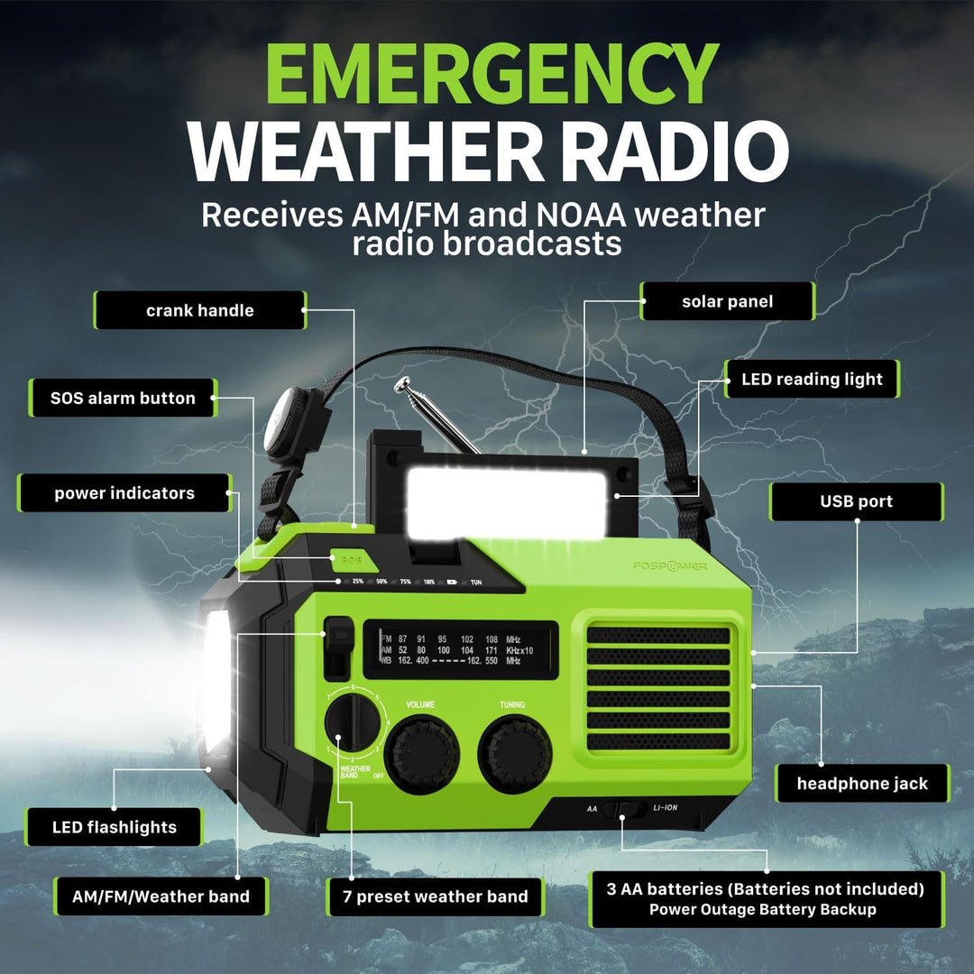 FosPower - Notfallradio NOAA/AM/FM mit 19240mWh (5200mAh) Tragbare Powerbank - Aufladung per USB/Sol