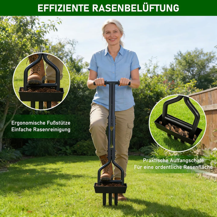 Manueller Rasenlüfter mit Ablageschale, Profi Aerifizierer für Rasenpflege, Hohlspoon Rasenspecht mi