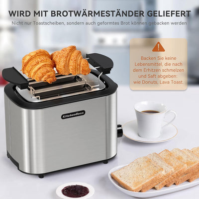 KitchenBoss Toaster 2 Scheiben：Toaster mit Brötchenaufsatz und Krümelschublade, 6 Bräunungsstufen, T