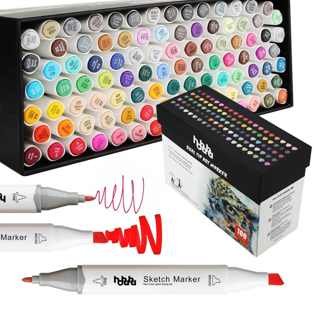 hhhouu 100 Farben Marker Stifte Set, Copic Marker Set mit Doppelter Spitzen für Studenten Manga Kuns