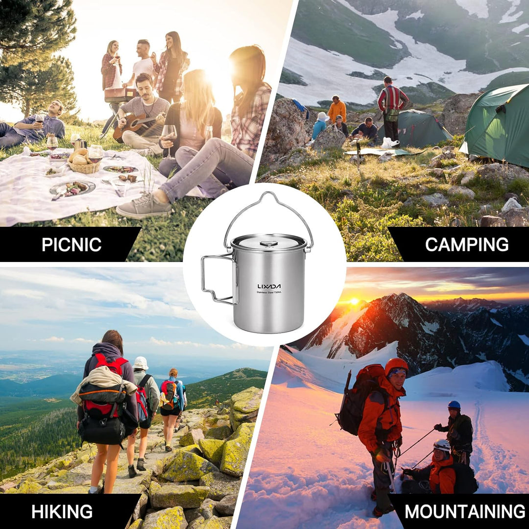 Lixada Camping Topf Edelstahl Titan Tasse Becher 750ml mit Faltbaren Griffe und Deckel Outdoor Tasse