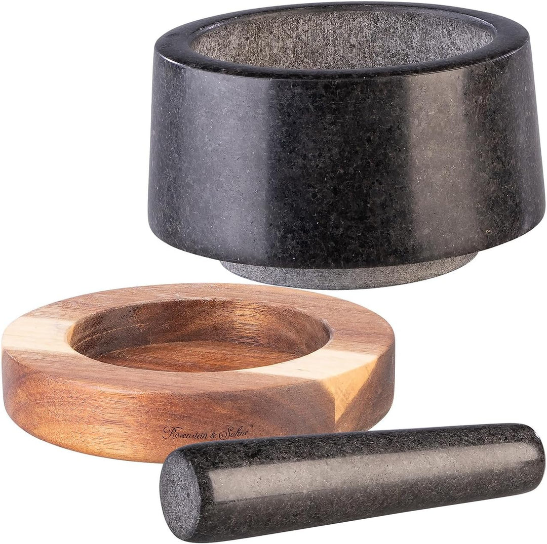 Rosenstein & Söhne Mörser Küche: Set mit Mörser und Stössel aus Granit und Holz, 14 cm (Gewürz-Zerkl
