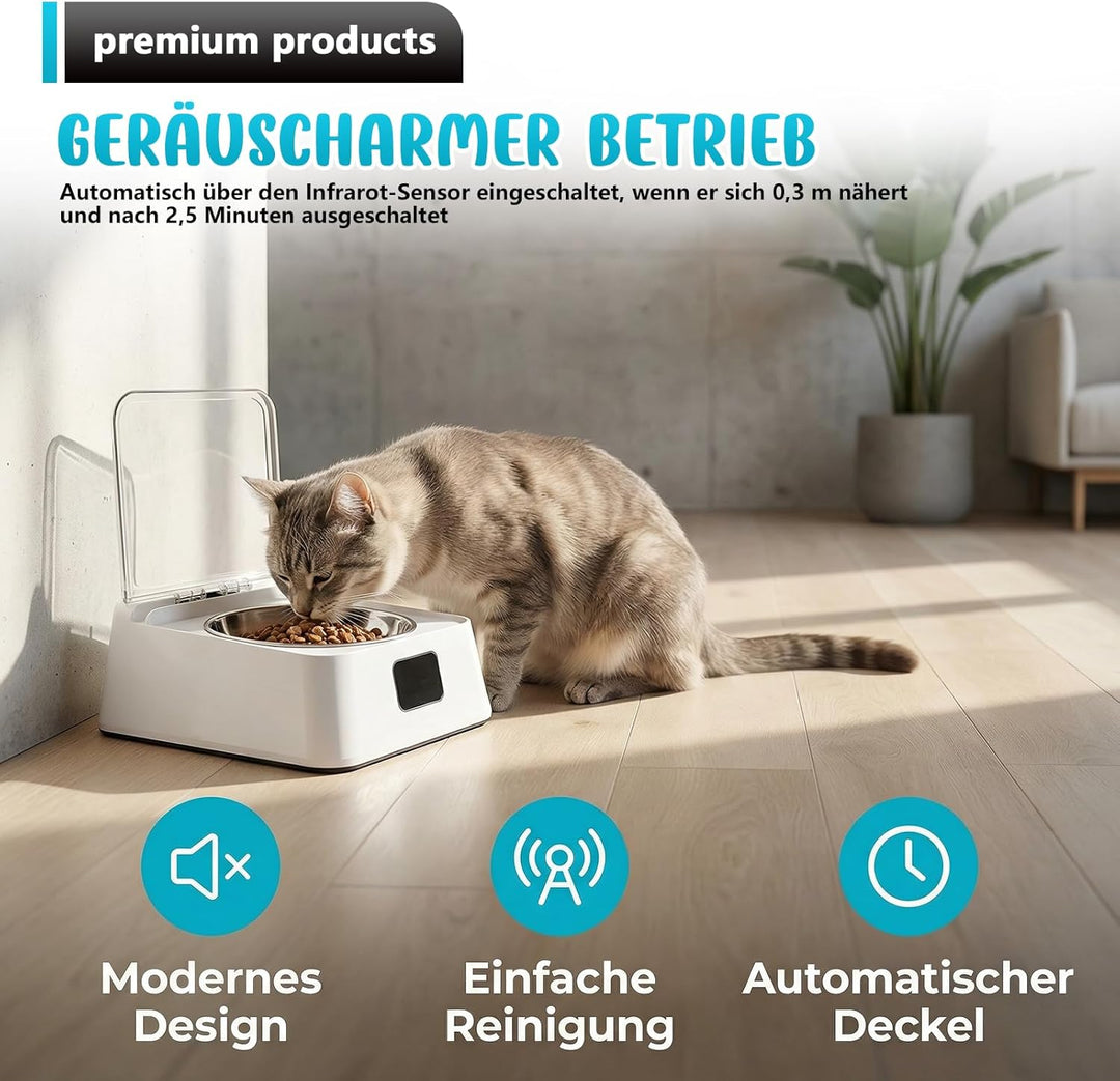 Futterautomat Katze Nassfutter 350 ml – Katzenfutter Automat mit Infrarot Sensor, Leiser Futterspend