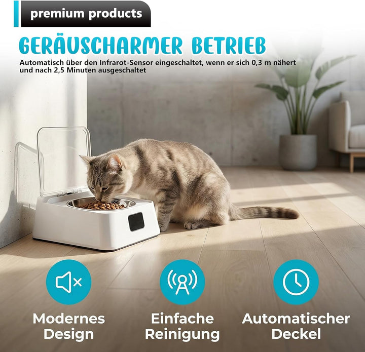 Futterautomat Katze Nassfutter 350 ml – Katzenfutter Automat mit Infrarot Sensor, Leiser Futterspend