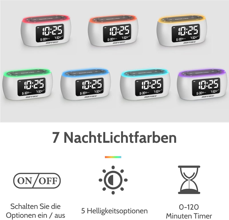 BUFFBEE Radiowecker mit 7-Farben-Nachtlicht, Doppelalarm, Schlummerfunktion, Dimmer, USB-Ladegerät,