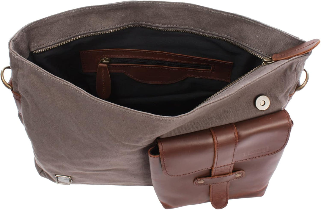 LECONI Messenger Bag DIN A4 Leder Canvas Damen & Herren Schultasche Retro look Collegetasche Umhänge