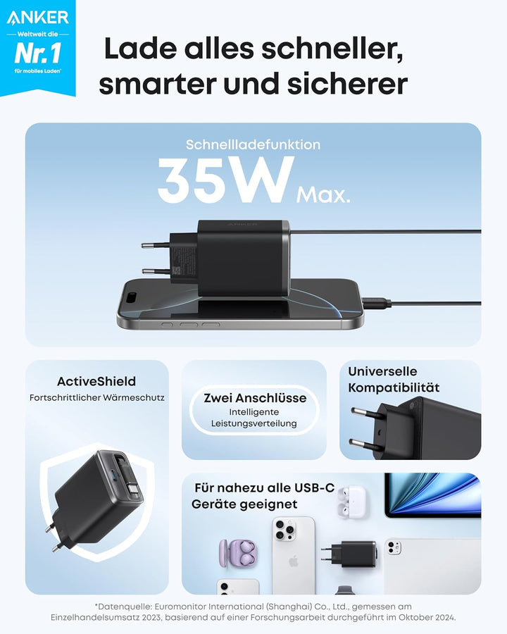 Anker Nano 35W USB C Ladegerät, kompaktes 2 Anschlüsse, InstaCord Kabel | 2-Port Netzteil mit integr