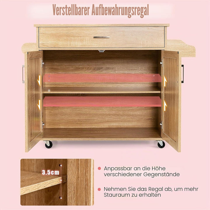 KOMFOTTEU Küchenwagen Servierwagen mit Arbeitsplatte, Küchenschrank Holz mit Rollen, Kücheninsel küc