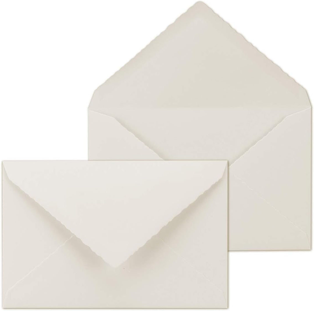 50x Vintage Faltkarten-Set mit Zackenschnitt hochdoppelt - Natur-Weiss - Edel-Bütten Karten mit Umsc