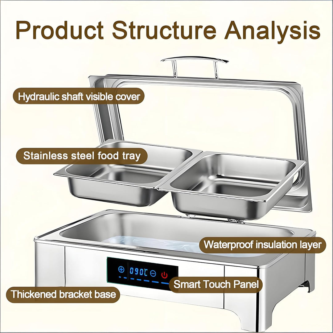 Elektrischer Chafing Dish Glasdeckel, 9L Edelstahl Speisewärmer Buffetwärmer Elektrisch Einstellbare
