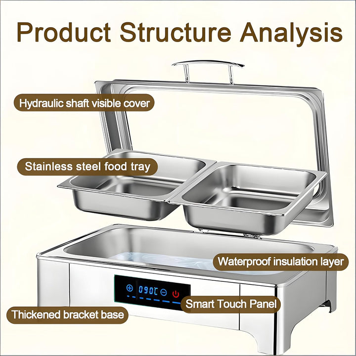 Elektrischer Chafing Dish Glasdeckel, 9L Edelstahl Speisewärmer Buffetwärmer Elektrisch Einstellbare