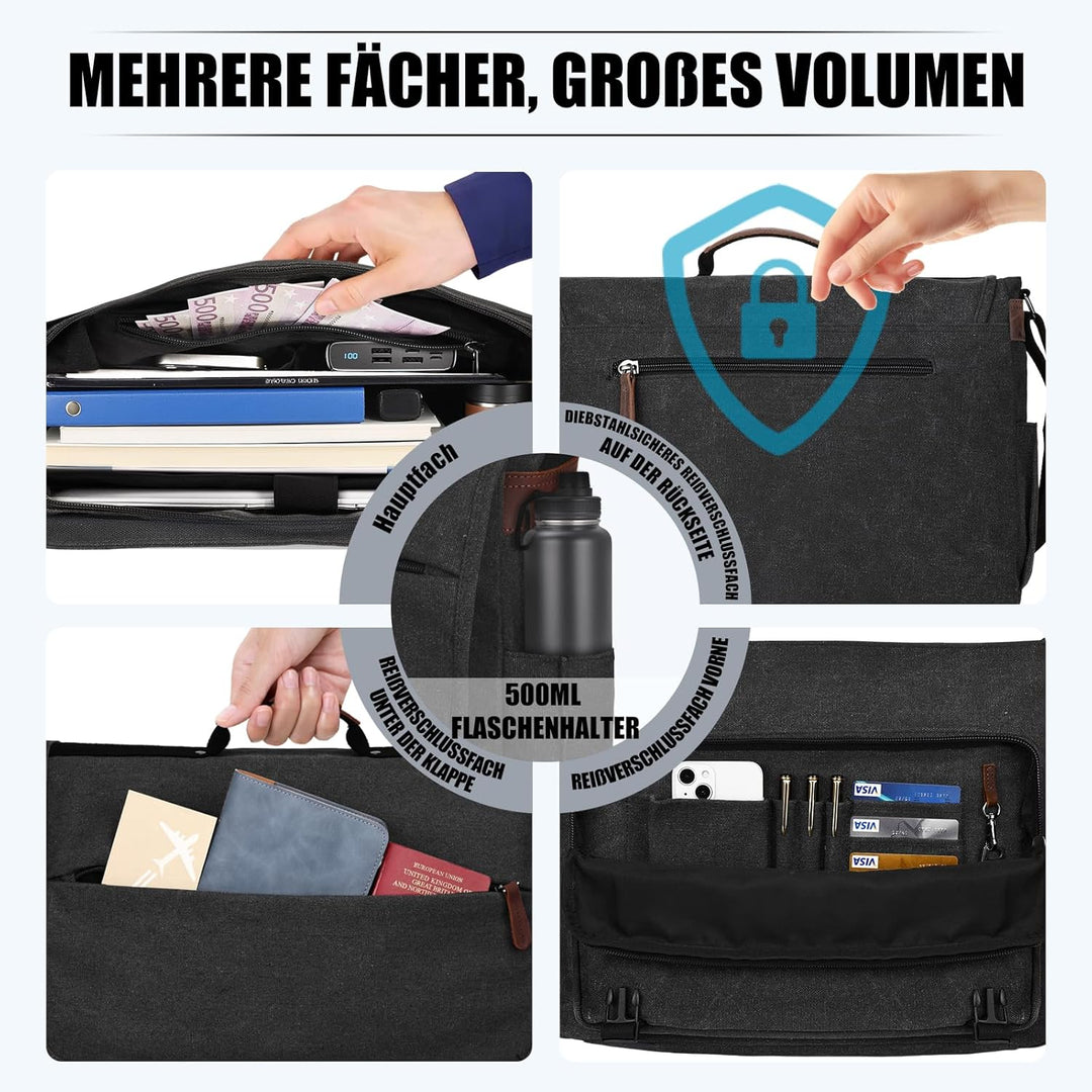 Eshow Umhängetasche Herren Wasserabweisend, Laptoptasche 15,6 Zoll aus Echtleder und Canvas, Messeng