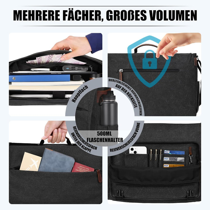 Eshow Umhängetasche Herren Wasserabweisend, Laptoptasche 15,6 Zoll aus Echtleder und Canvas, Messeng