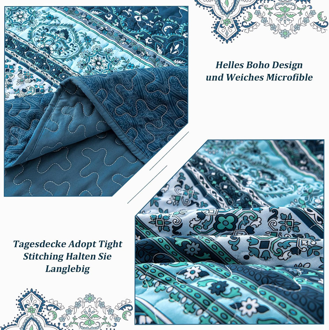 WONGS BEDDING Tagesdecke 220x240 Bettüberwurf Boho Decke Steppdecke 3 Teilig Doppelbett Gesteppt Bet