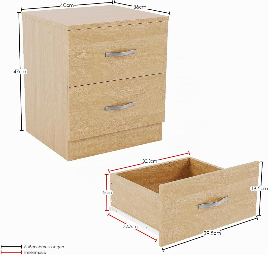 Vida Designs Nachttisch, Kiefer, 2 Schubladen mit Metallgriffen und -schienen, einzigartige Schublad