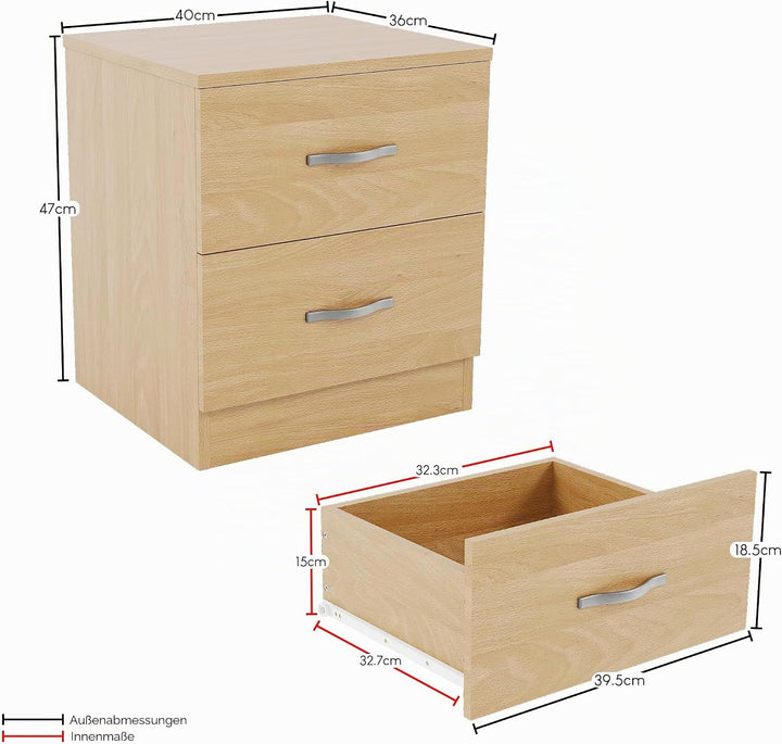 Vida Designs Nachttisch, Kiefer, 2 Schubladen mit Metallgriffen und -schienen, einzigartige Schublad